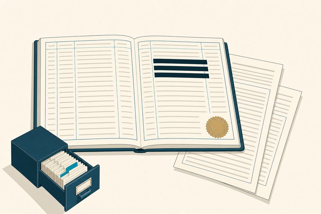 An open public register with redacted lines beside loose document sheets and an open card index drawer