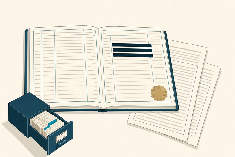 An open public register with redacted lines beside loose document sheets and an open card index drawer